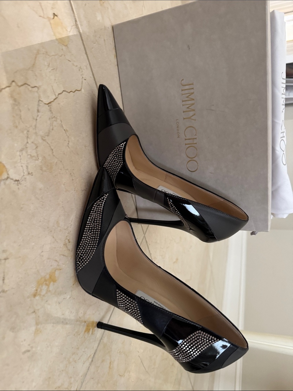 Jimmy Choo Black Patent and Crystal-Embellished Pointed Pumps